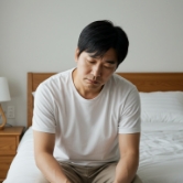침대에 앉아 피곤한 표정을 짓는 남성